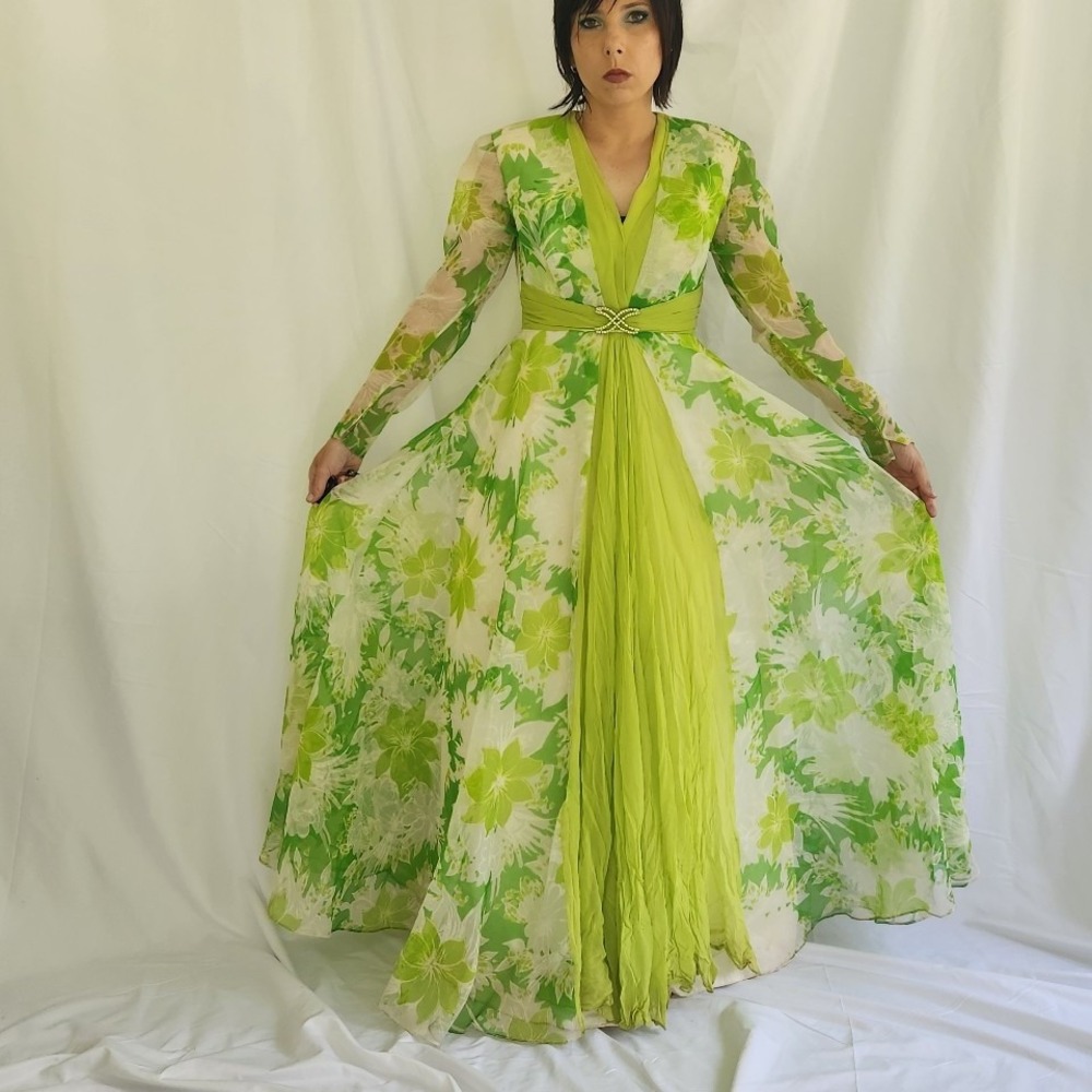 60s/70s Handmade Green Floral Gown